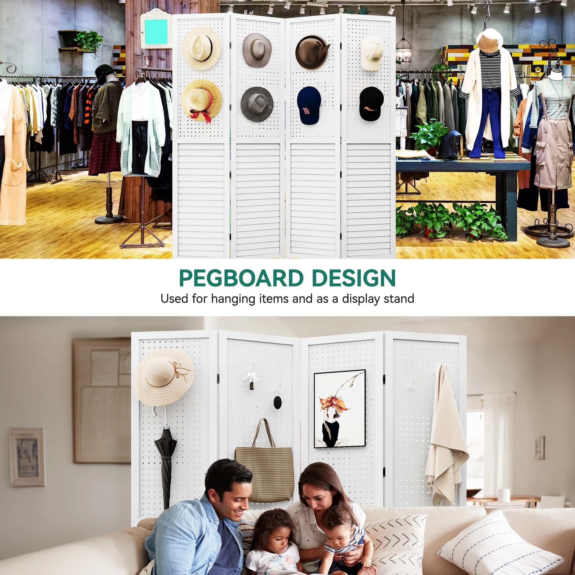 Dextrus Room Divider, 4 Panel Folding Privacy Screens with Pegboard Display, Freestanding Portable Privacy Screen Room Partition for Jewelry, Craft Show, Retail, Living Room, Bedroom