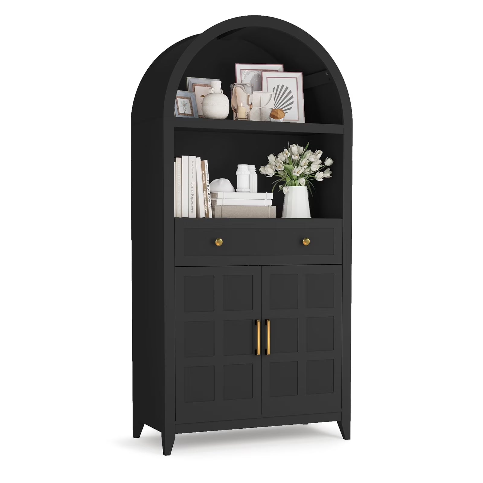 PULUOMIS 65" Tall Arched Cabinet, Farmhouse Arched Bookcase Bookshelf with Storage Drawer and Ajustable Shelves, for Living Room, Kitchen, Home Office, Black
