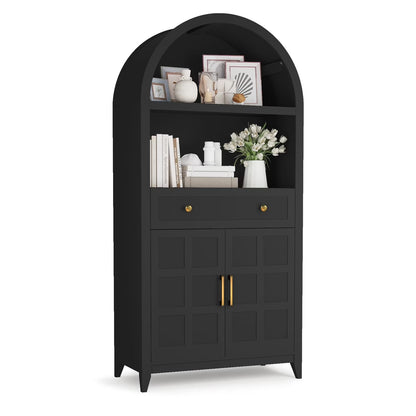 PULUOMIS 65" Tall Arched Cabinet, Farmhouse Arched Bookcase Bookshelf with Storage Drawer and Ajustable Shelves, for Living Room, Kitchen, Home Office, Black