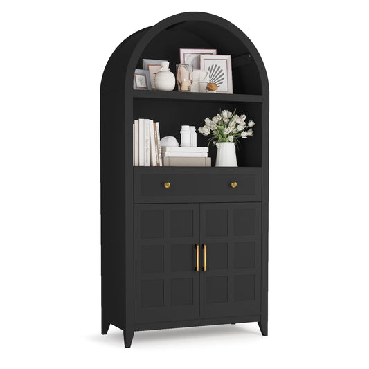 PULUOMIS 65" Tall Arched Cabinet, Farmhouse Arched Bookcase Bookshelf with Storage Drawer and Ajustable Shelves, for Living Room, Kitchen, Home Office, Black