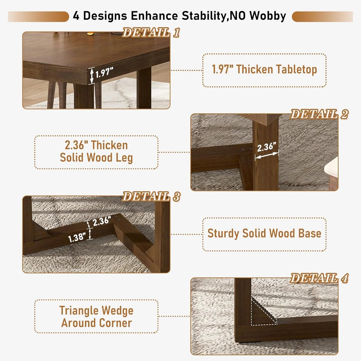 70 Inch Solid Wood Dining Table for 6-8 People, Modern Farmhouse Kitchen Table Rectangular Table for Dining Room, Home Office, Living Room