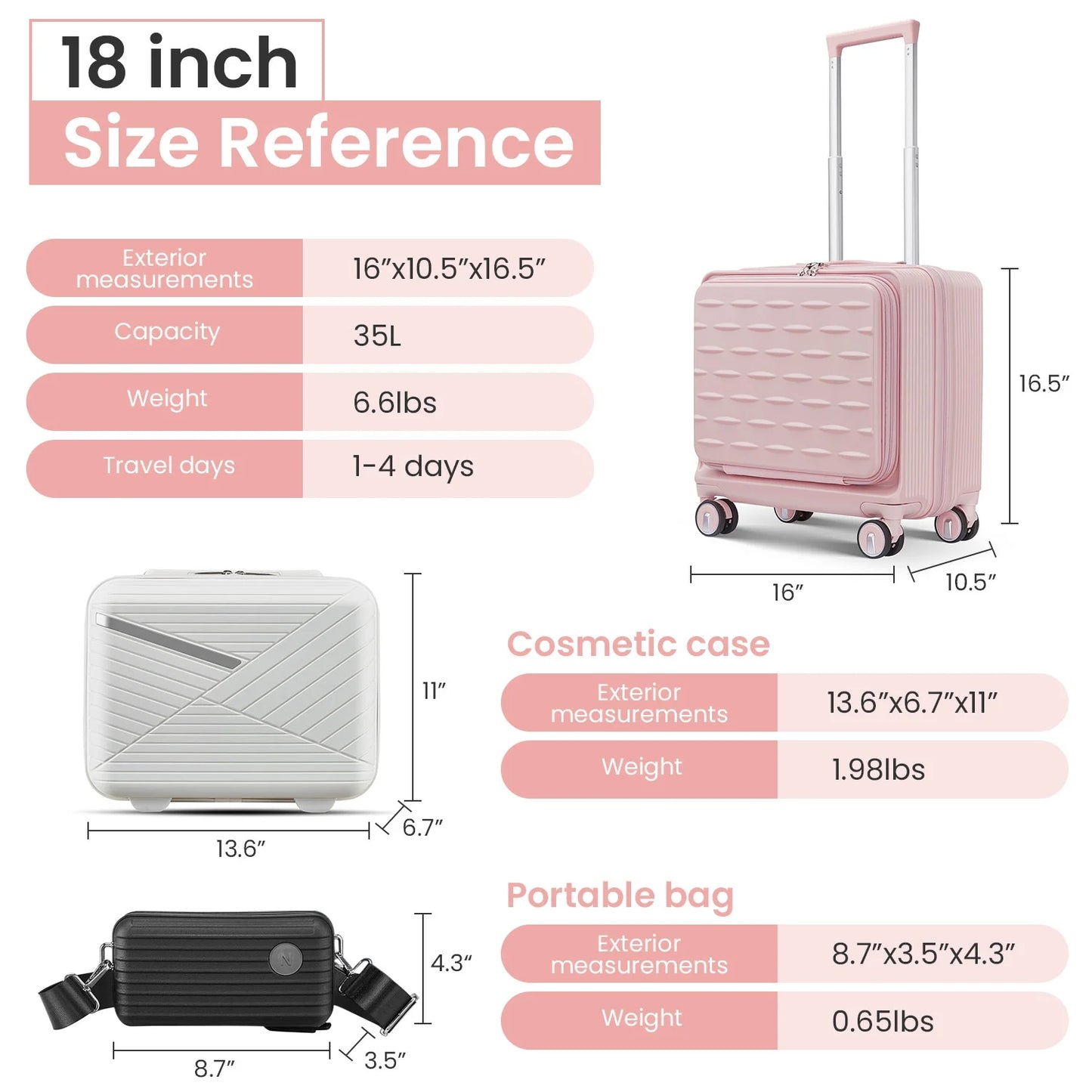 18" Carry On Luggage with Front Open Door &Laptop Interlayer, Hard Shell Suitcase Built-In TSA Luggage Lock, Hardside Lightweight PC Travel Suitcase for Women Men with Spinner Wheels Airline Approved