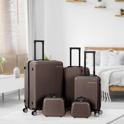 5 Piece Travel Luggage Set, 12" 14" 20'' 24" 28'' Expandable Lightweight Suitcase with Noise-free Double Spinner Wheels & TSA Lock, ABS Hardshell Suitcase for Vacation, Brown
