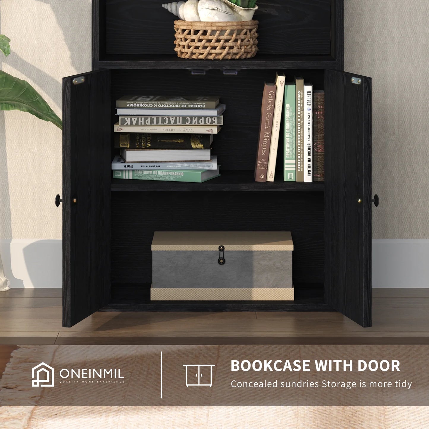 Easoger 6 Tier Bookcase Set of 2, Bookshelves with Barn Cabinet Doors, Floor Bookshelves for Home Office, Living Room, Black