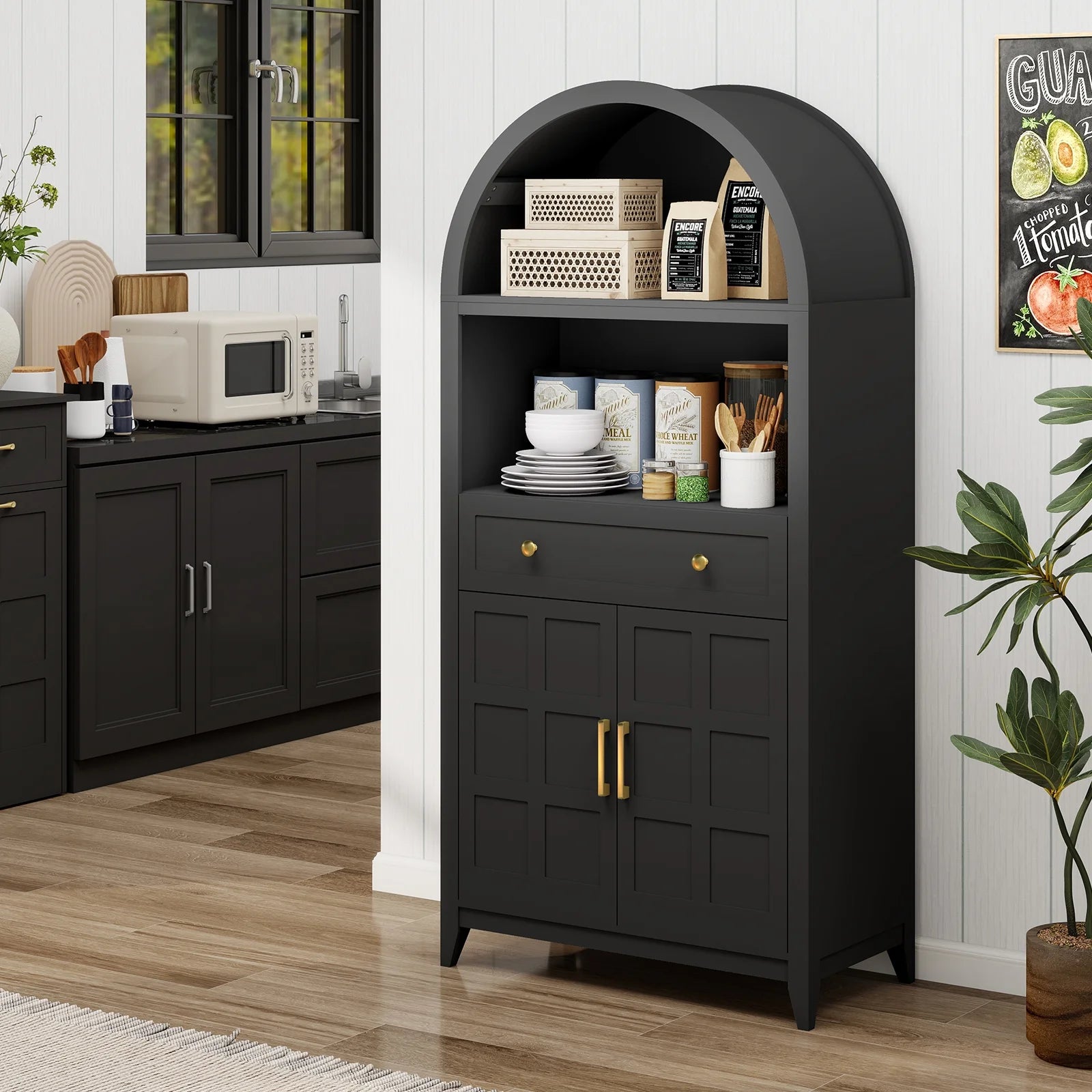 PULUOMIS 65" Tall Arched Cabinet, Farmhouse Arched Bookcase Bookshelf with Storage Drawer and Ajustable Shelves, for Living Room, Kitchen, Home Office, Black