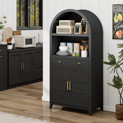 PULUOMIS 65" Tall Arched Cabinet, Farmhouse Arched Bookcase Bookshelf with Storage Drawer and Ajustable Shelves, for Living Room, Kitchen, Home Office, Black