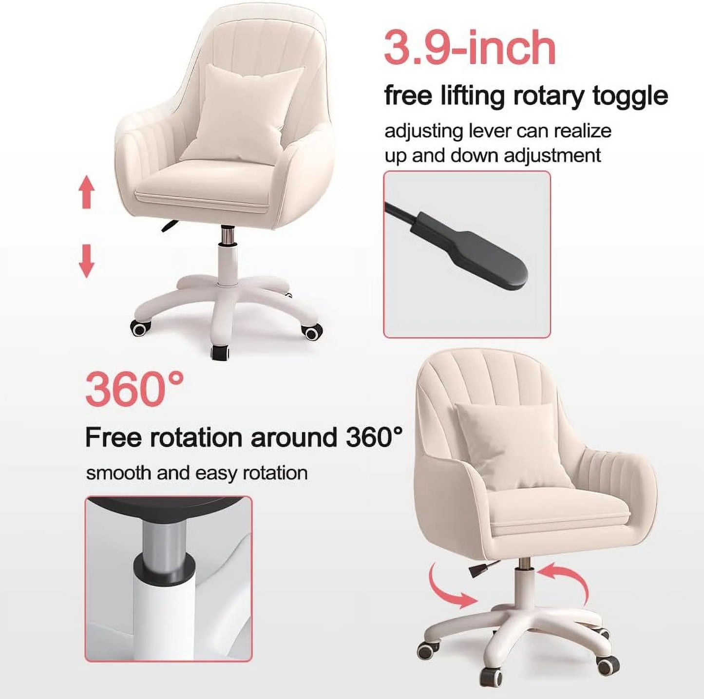 Home Office Chair Computer Chair with Mid-Back Upholstered Modern Tufted Computer Task Chair Swivel Height Adjustable Velvet Accent Chair.White