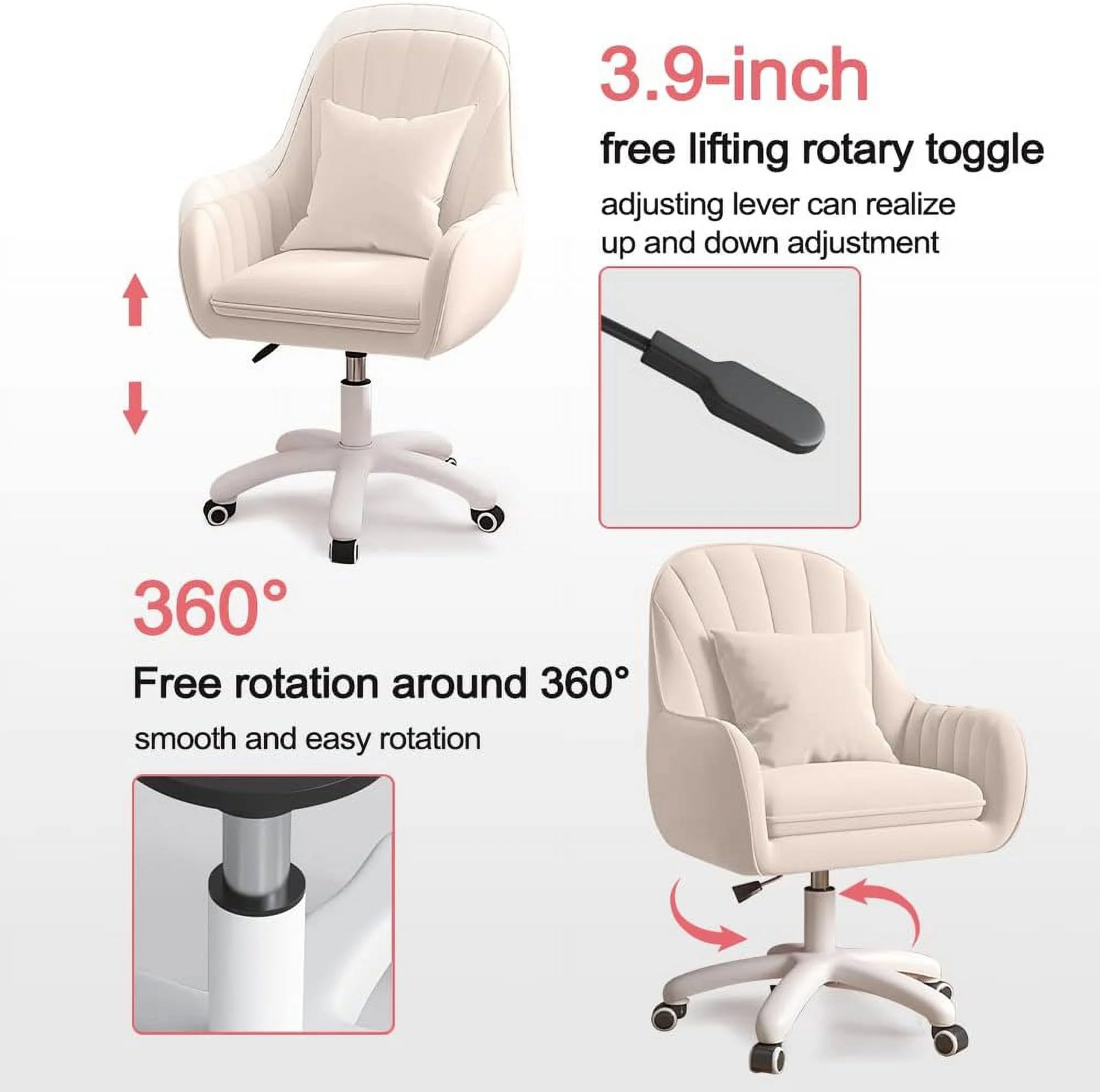 Home Office Chair Computer Chair with Mid-Back Upholstered Modern Tufted Computer Task Chair Swivel Height Adjustable Velvet Accent Chair.White