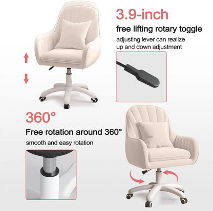 Home Office Chair Computer Chair with Mid-Back Upholstered Modern Tufted Computer Task Chair Swivel Height Adjustable Velvet Accent Chair.White