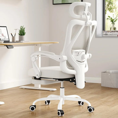 STARY Ergonomic Office Chair with Footrest, High Back Mesh Desk Chair with Adjustable Headrest & Lumbar Support, Comfortable Computer Chair for Home Office Study, White & Beige