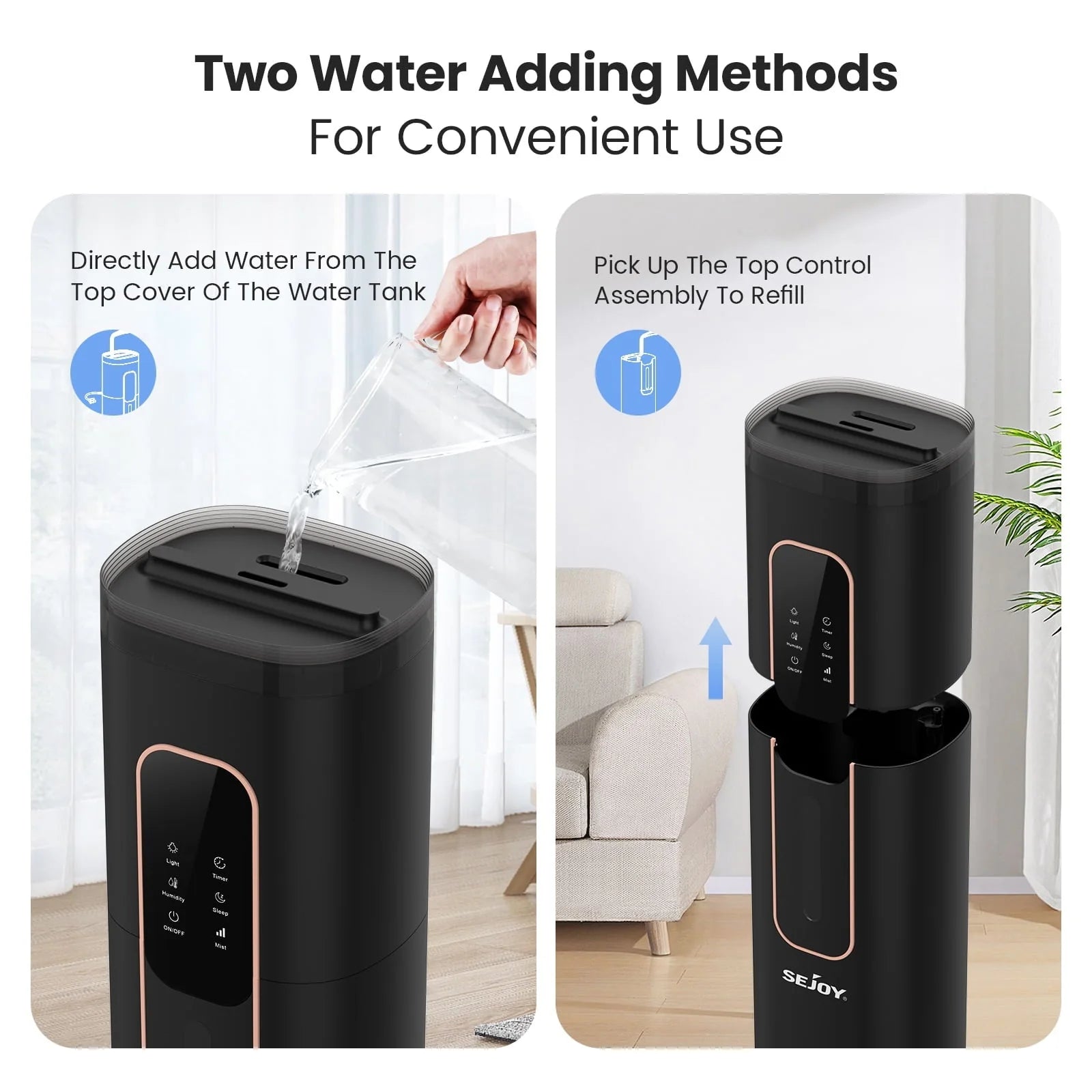 Sejoy Humidifiers for Bedroom Large Room Home.1GAL/8L Top Fill Floor Ultrasonic Humidifiers with 3 Mist Speed,Remote,Quiet Humidification for Plants and Baby Infant,Black