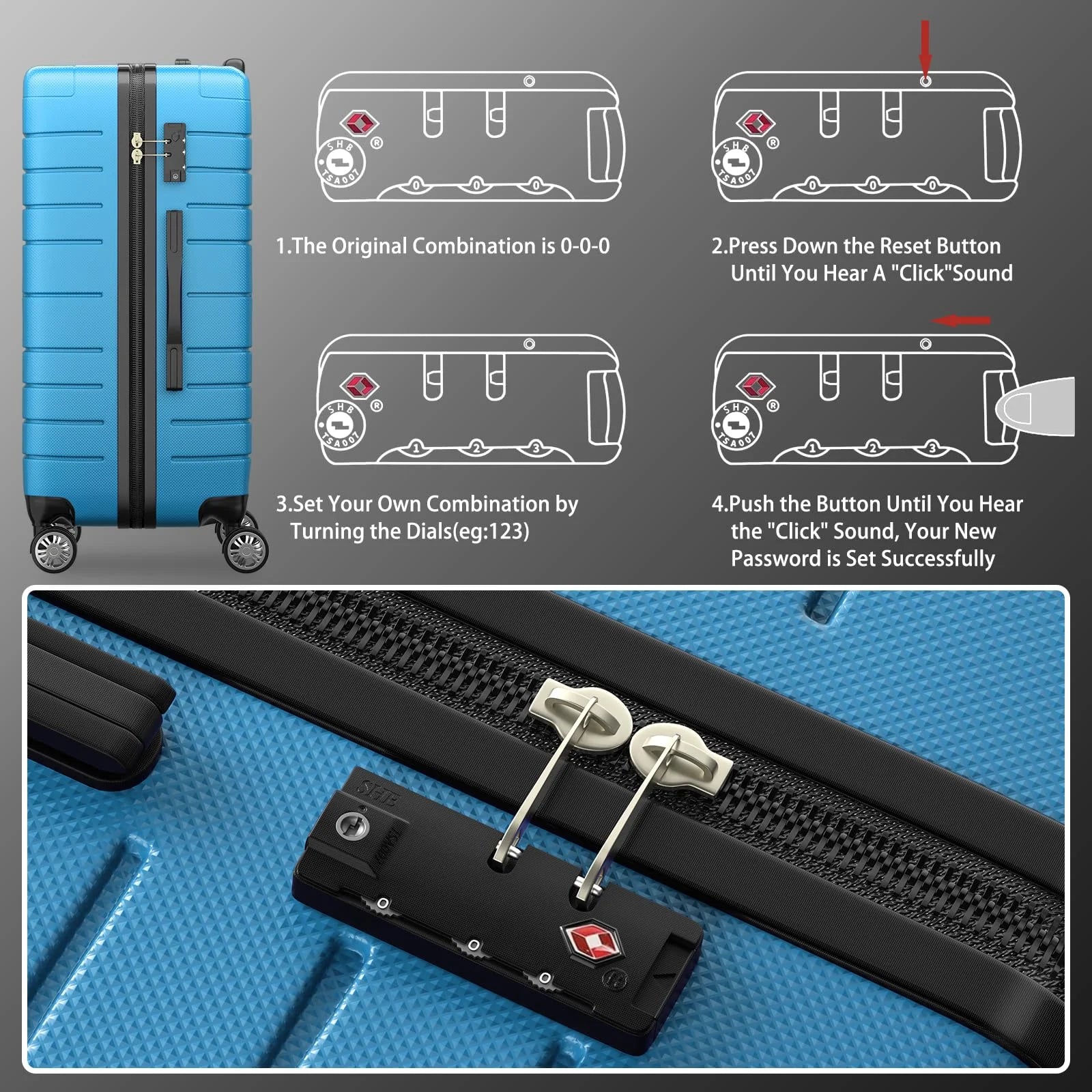 ALPULON 3 Piece Luggage Sets with TSA Locks, Hardside Suitcase Set with Spinner Wheels, 20in24in28in, Light Blue