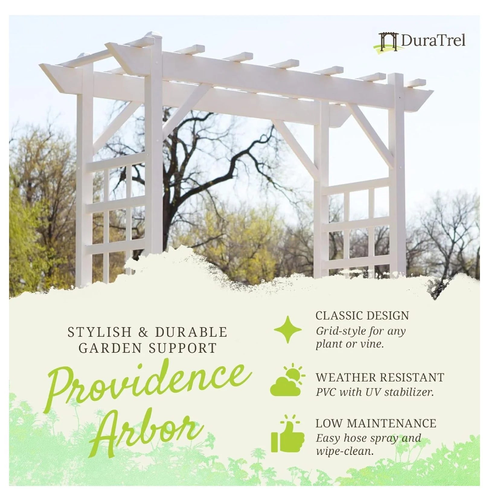 Dura-Trel PVC Garden Arbor, Arch Support for Climbing Plants, Providence, White, 64" x 85"