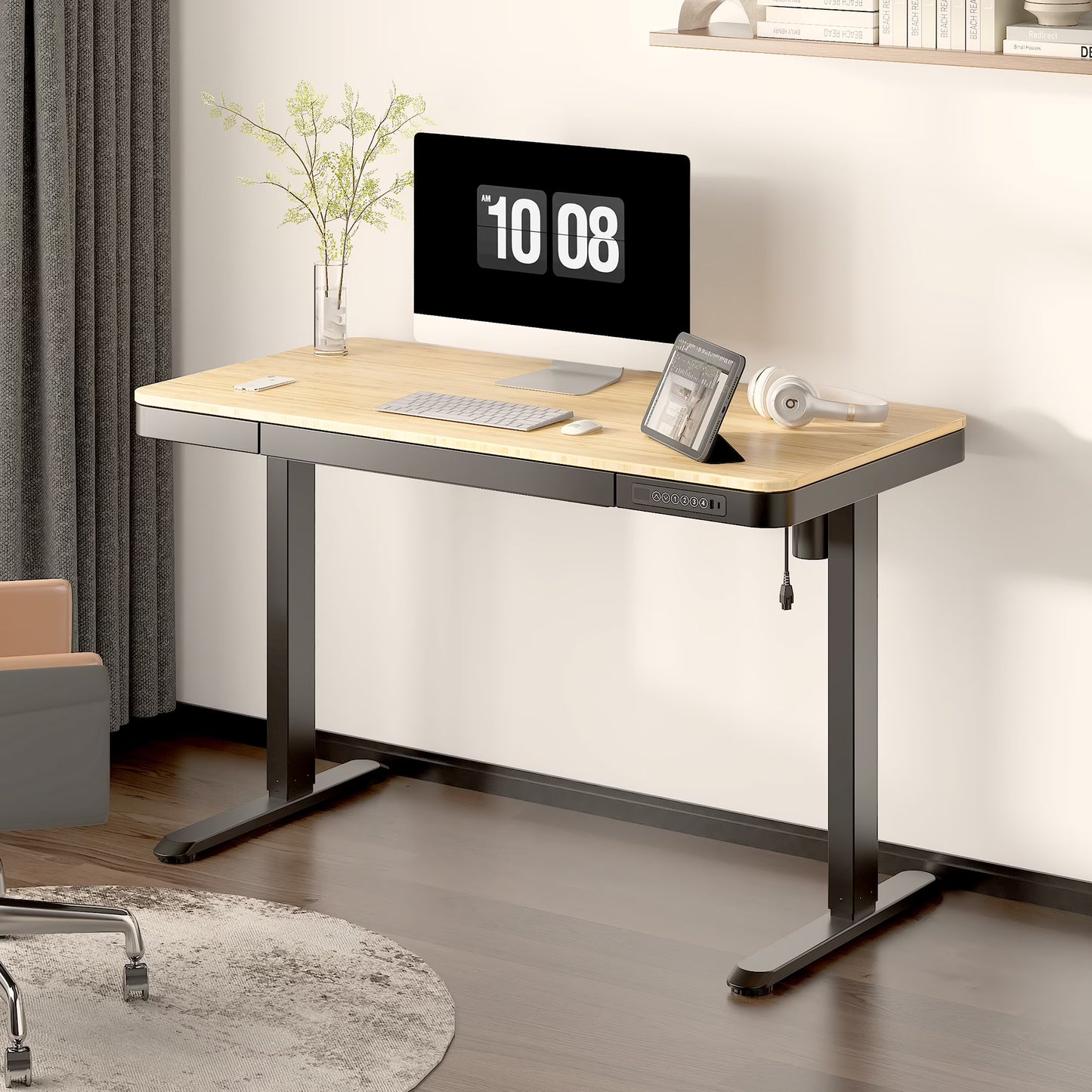 FLEXISPOT 48" W Home Office Height Adjustable Standing Desk White and Maple with USB Charge Ports and Embedded Drawer