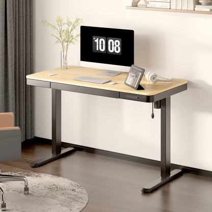FLEXISPOT 48" W Home Office Height Adjustable Standing Desk White and Maple with USB Charge Ports and Embedded Drawer