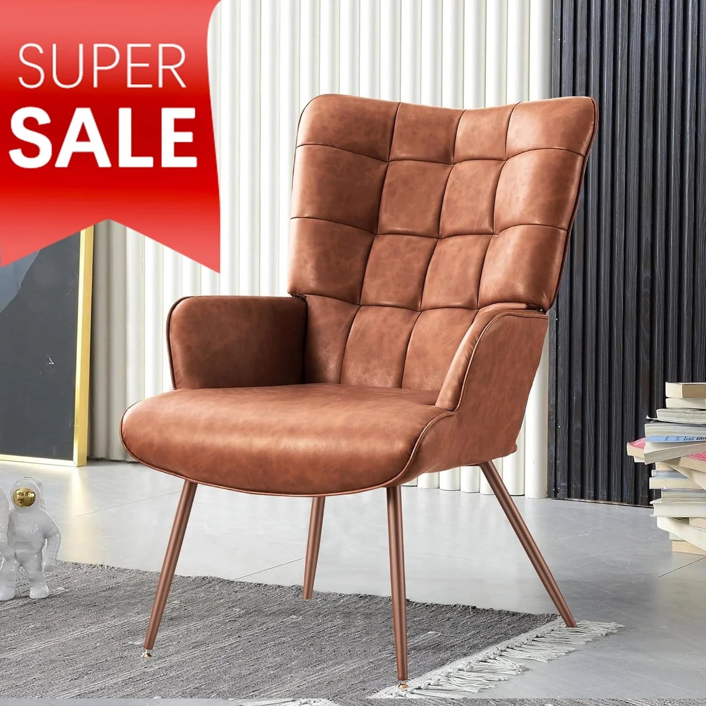 Unikome Livingroom Chairs Mid-Century Modern Accent Chair, Faux Leather Wingback Accent Chair PU Leather Accent Chair for Home Office/Living Room/Bedroom, Brown