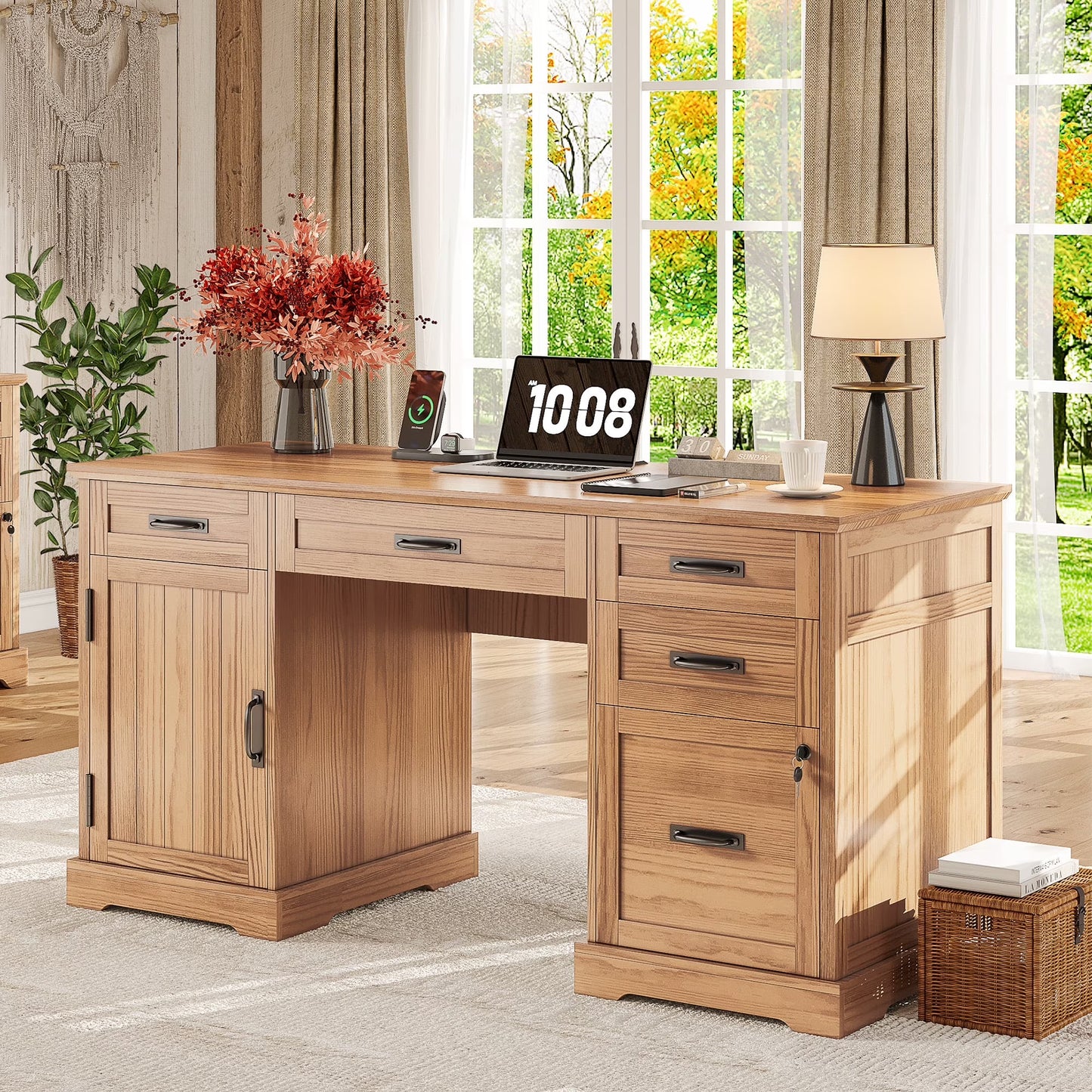 Whalefall 55 in Farmhouse Executive Desk with File Drawer for Adult Home Office, White