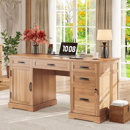 Whalefall 55 in Farmhouse Executive Desk with File Drawer for Adult Home Office, White