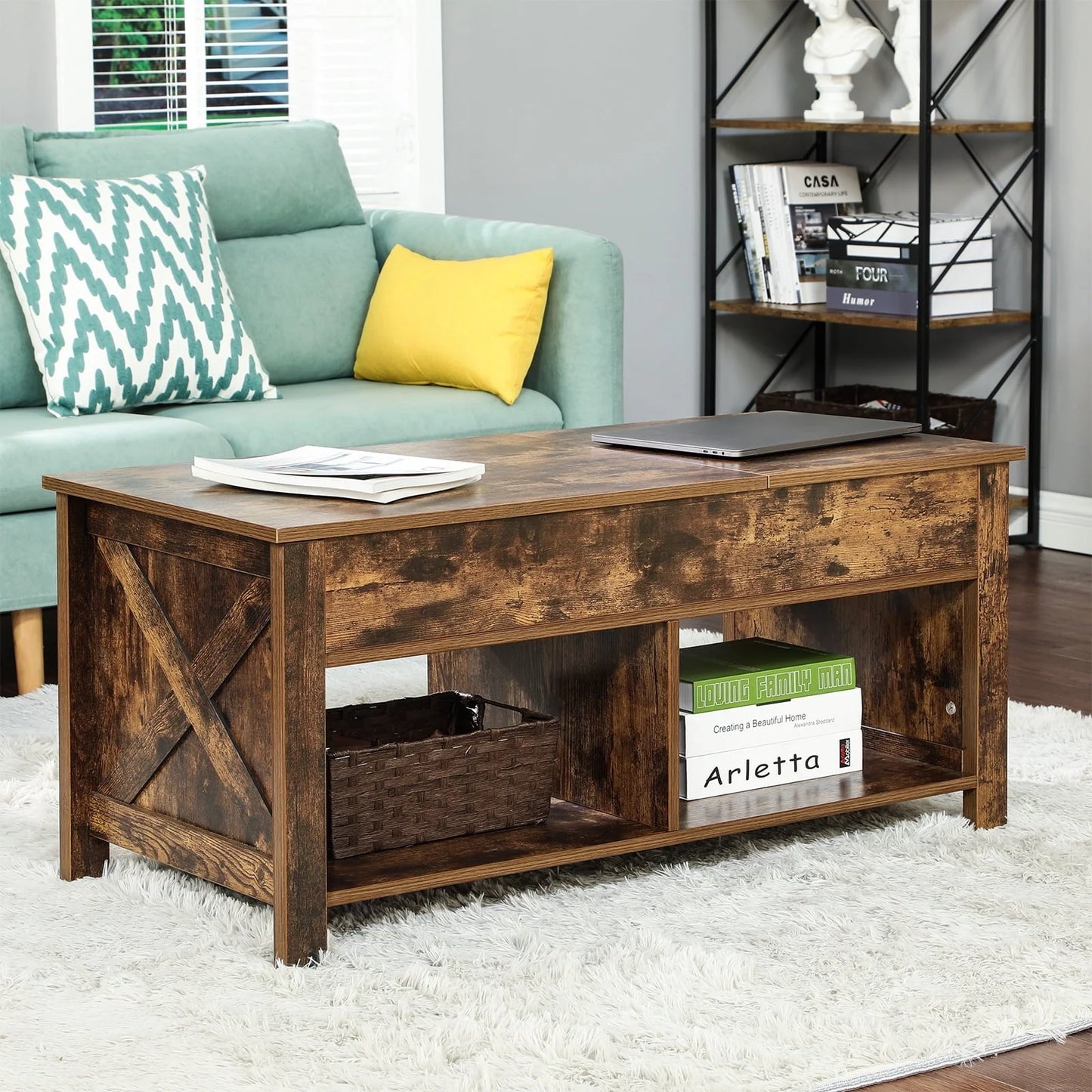 YITAHOME Split Lift Top Coffee Table with Hidden Storage and Open Shelves for Living Room Home Office, Brown