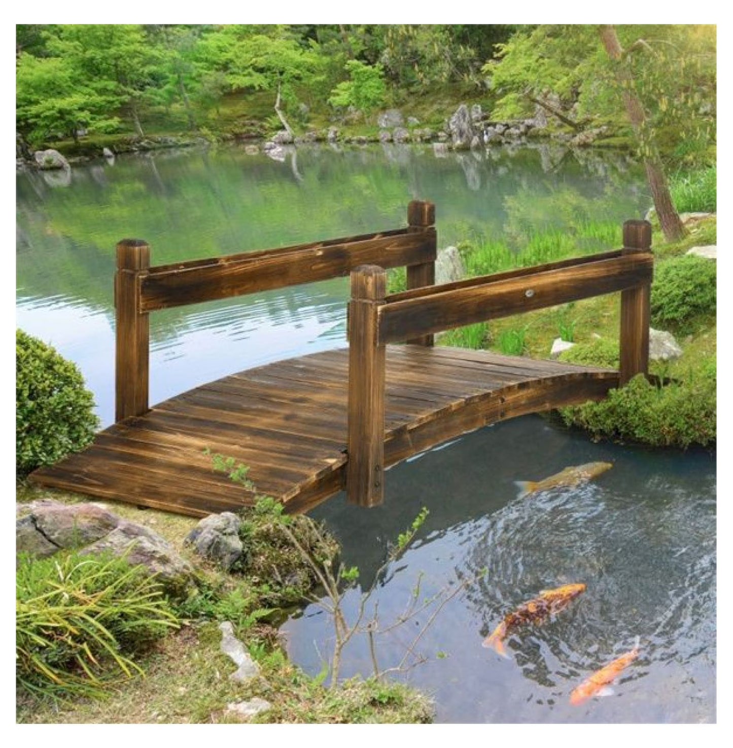 Wooden Garden Bridge Arc Footbridge 90.5" - Stained Fir Wood Outdoor Bridge with Planters - Zen Garden Decor, Walkways, Pond & Stream
