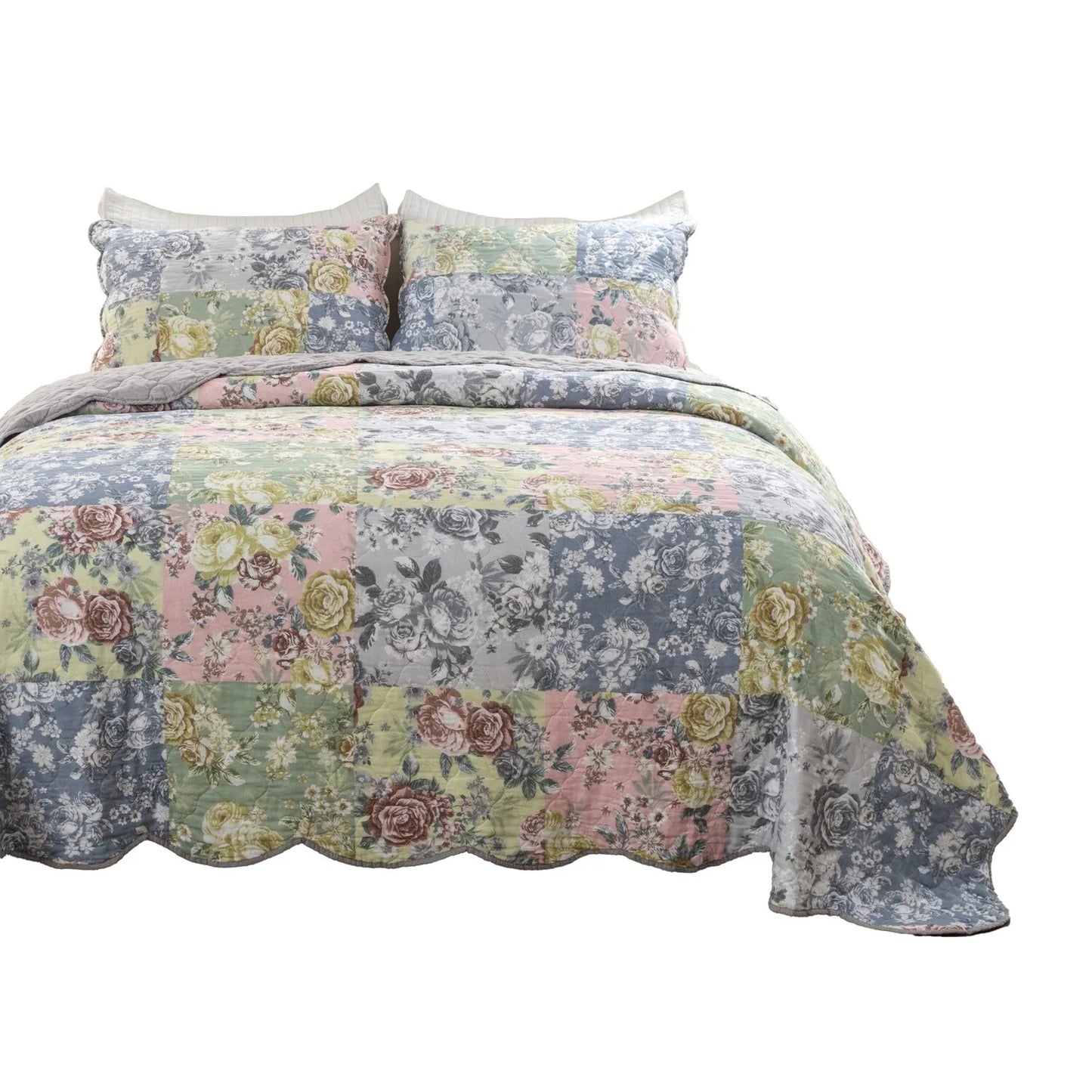 Benjara Eni 3 Piece Queen Cotton Quilt Set, Vibrant Pastel Blue Flowers, Scalloped