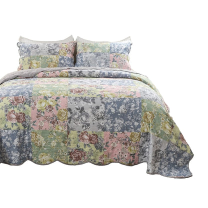 Benjara Eni 3 Piece Queen Cotton Quilt Set, Vibrant Pastel Blue Flowers, Scalloped