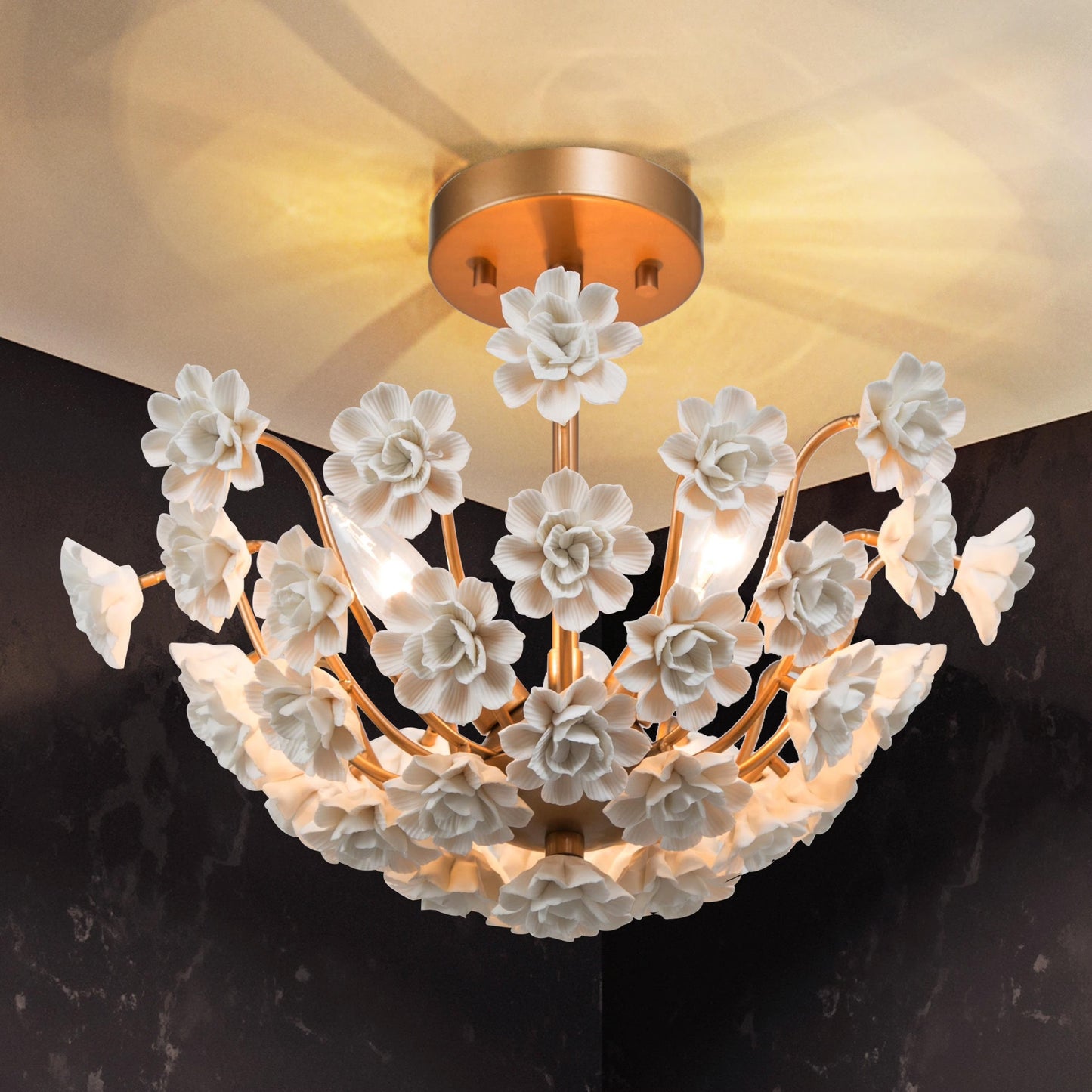 Cotia Mid-century Modern French Country Semi-flush Mount 3-light Ceramic Flowers Bowl Ceiling Light for Dining Room - 15.5 in Gold Satin Gold