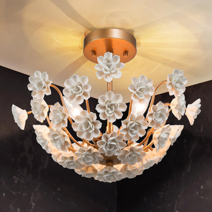Cotia Mid-century Modern French Country Semi-flush Mount 3-light Ceramic Flowers Bowl Ceiling Light for Dining Room - 15.5 in Gold Satin Gold