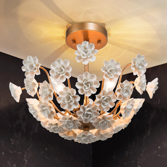 Cotia Mid-century Modern French Country Semi-flush Mount 3-light Ceramic Flowers Bowl Ceiling Light for Dining Room - 15.5 in Gold Satin Gold