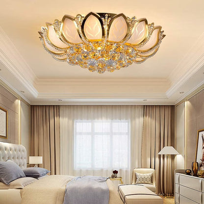 Crystal Ceiling Lamp Modern Chandelier 110V Gold Flower Shape Pendant Light Fixture 23.5 in Bedroom Flush Mount Hanging Lamp for Living Room Bedroom Hallway (No Remote Control)