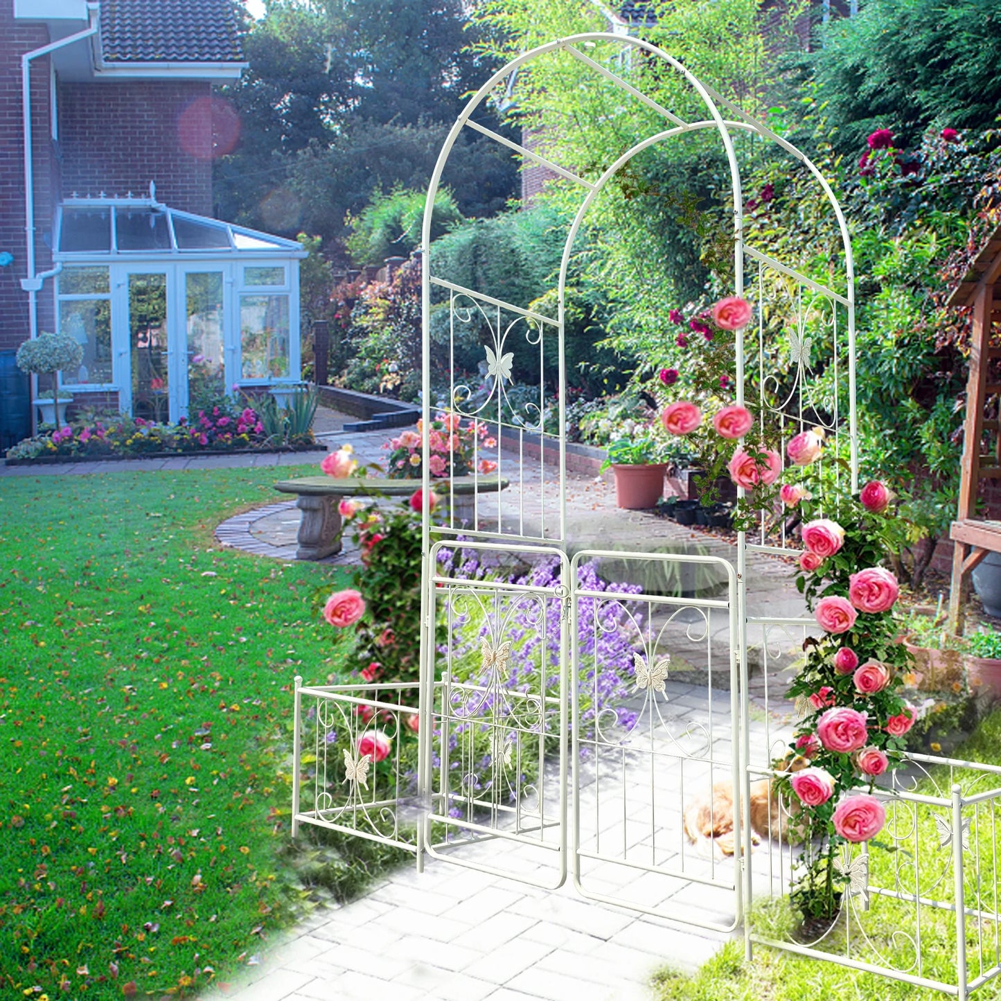 Garden Arch Metal Garden Arch with Gate 79.5'' Wide x 86.6'' High Climbing Plants Support Rose Arch Outdoor Cream White,Garden Trellis