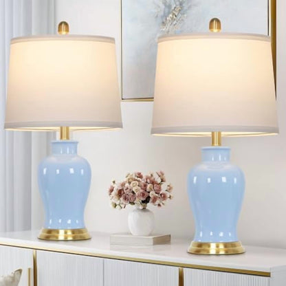 Modern Ceramic Table Lamps Set of 2, 23" White Ceramic Lamps for Living Room, Rustic Farmhouse Bedside Lamp with Ginger Jar Design, Elegant Bedroom Lamp for Nightstand Desk Side End Table Home Decor