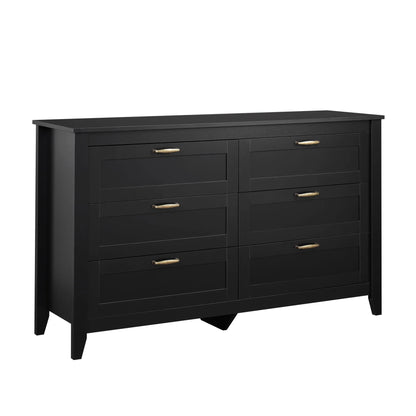 WLIVE Black Dresser for Bedroom, Double Dresser with Chest of 6 Drawers for Living Room & Nursery Toddlers Room, Retro Chest of Drawers with Metal Handle, Double Wood Dresser, Large Storage Cabinet