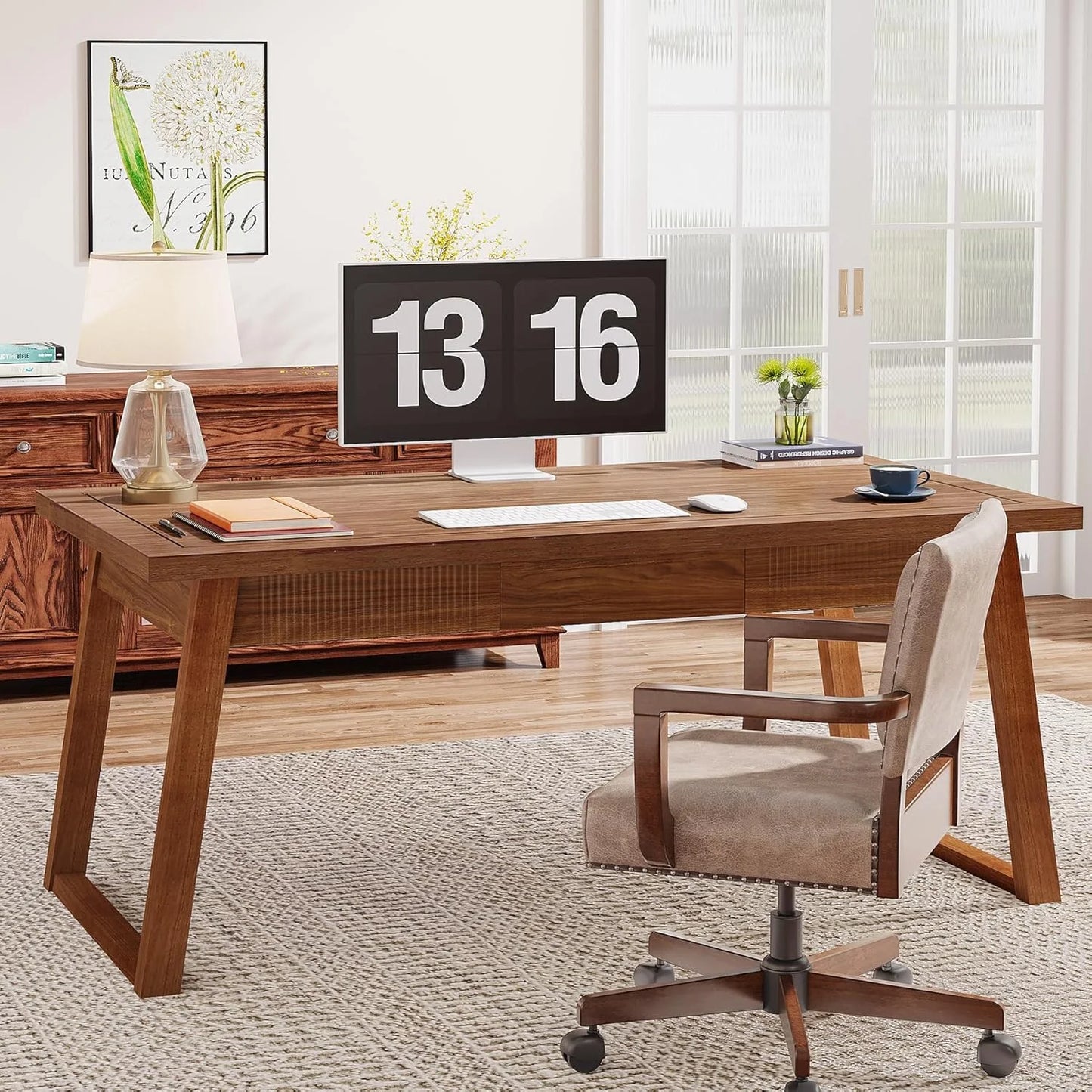 Executive Desk, 55 Inches Solid Wood Computer Desk with Drawer for Home Office