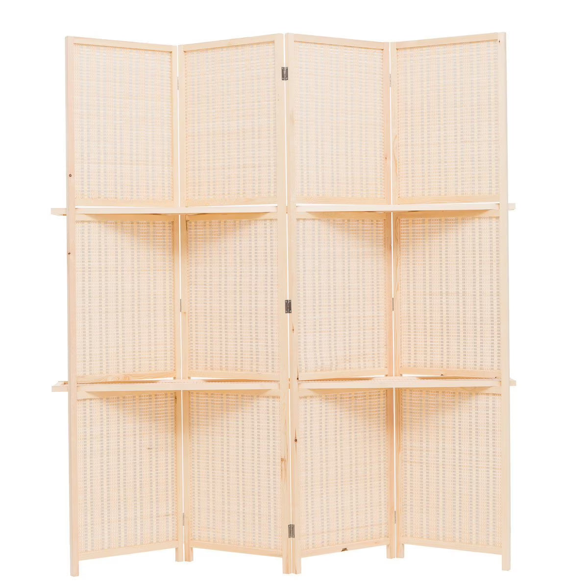 THY COLLECTIBLES Freestanding Wood Frame Woven Bamboo 4 Panels Hinged Privacy Panel Screen Partition Wall With 2 Display Shelves Holding Room Divider With Shelves-Bamboo (Brown)