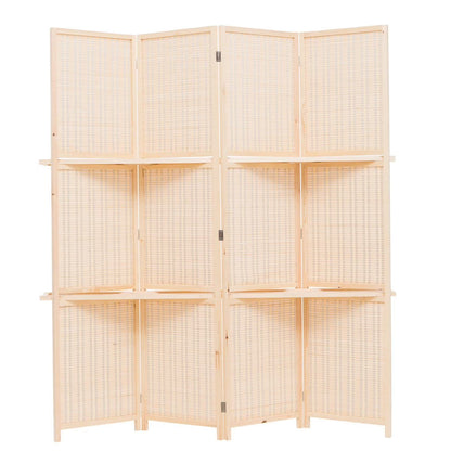 THY COLLECTIBLES Freestanding Wood Frame Woven Bamboo 4 Panels Hinged Privacy Panel Screen Partition Wall With 2 Display Shelves Holding Room Divider With Shelves-Bamboo (Brown)