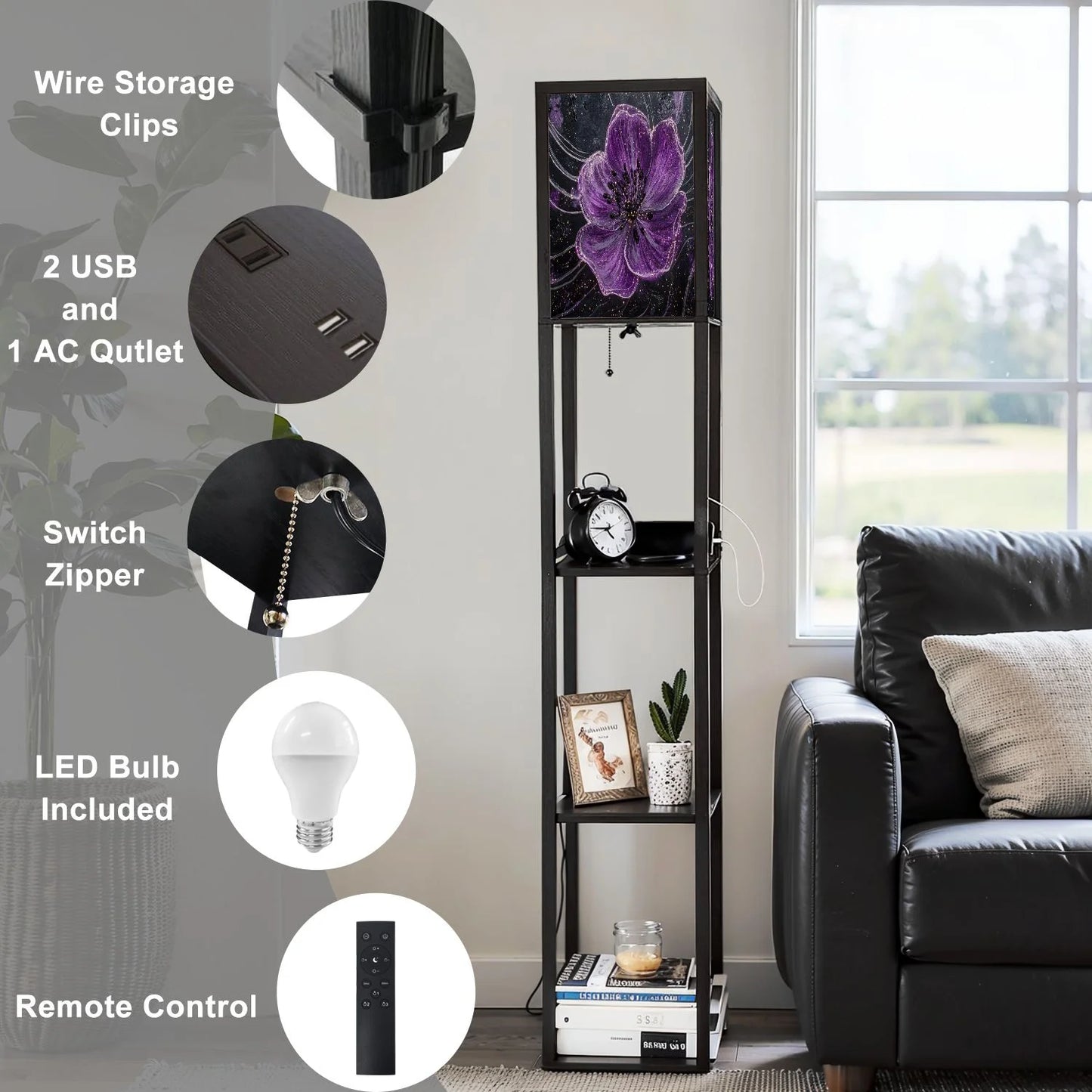 Floor Lamp with Shelves Corner Display Bookshelf Lamp for Living Room and Bedroom Purple Purple Wall Decor Purple Flower LED Modern Shelf Floor Lamp 3 Color Temperature