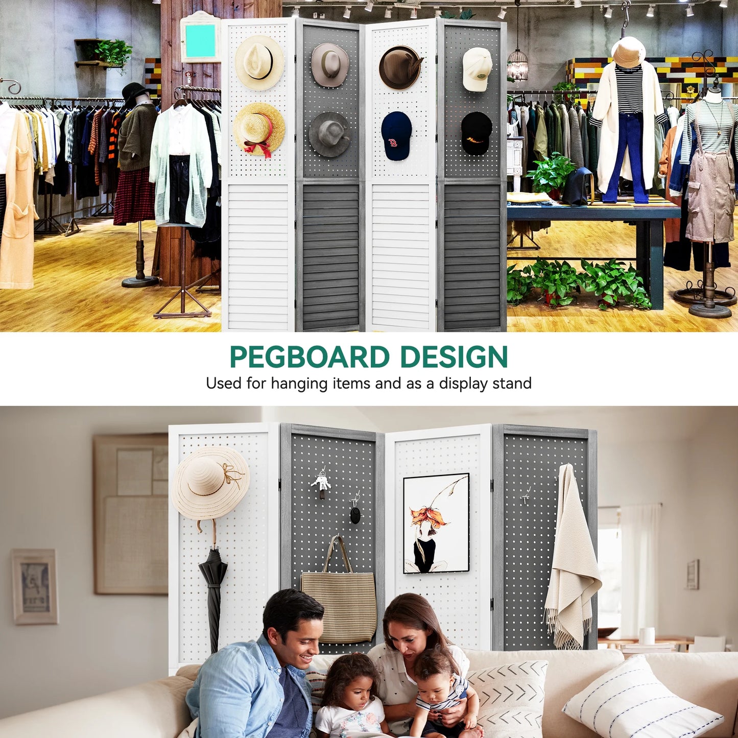 Dextrus Room Divider, 4 Panel Folding Privacy Screens with Pegboard Display, Freestanding Portable Privacy Screen Room Partition for Jewelry, Craft Show, Retail, Living Room, Bedroom