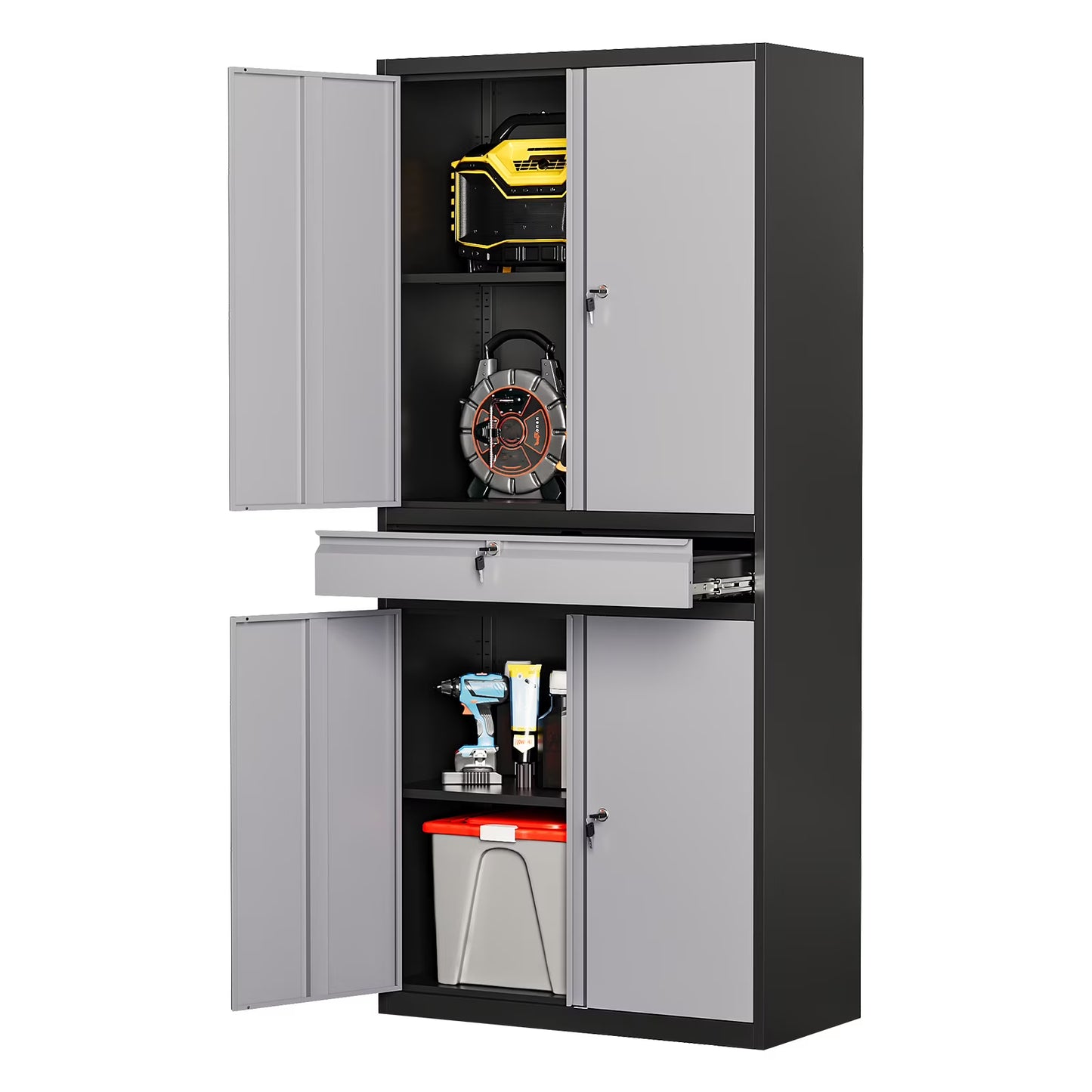 STANI Metal Garage Storage Cabinets with Drawer, 4 Doors Tool Storage Cabinet with 2 Adjustable Shelves, 73"H Rolling Steel Locking Cabinet for Garage Utility Room Home Office (Black, 4 Wheel)