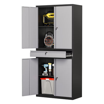 STANI Metal Garage Storage Cabinets with Drawer, 4 Doors Tool Storage Cabinet with 2 Adjustable Shelves, 73"H Rolling Steel Locking Cabinet for Garage Utility Room Home Office (Black, 4 Wheel)