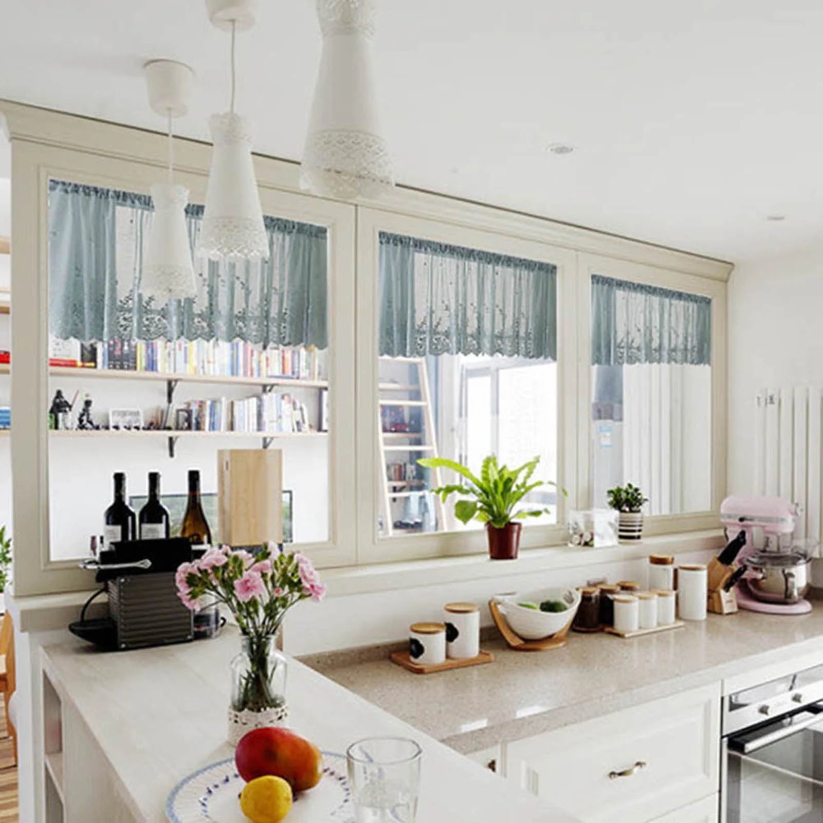 Yesbay Window Curtain Short Kitchen Valance Drape Polyester Lace Flower Pattern Balcony Curtain for Home,White