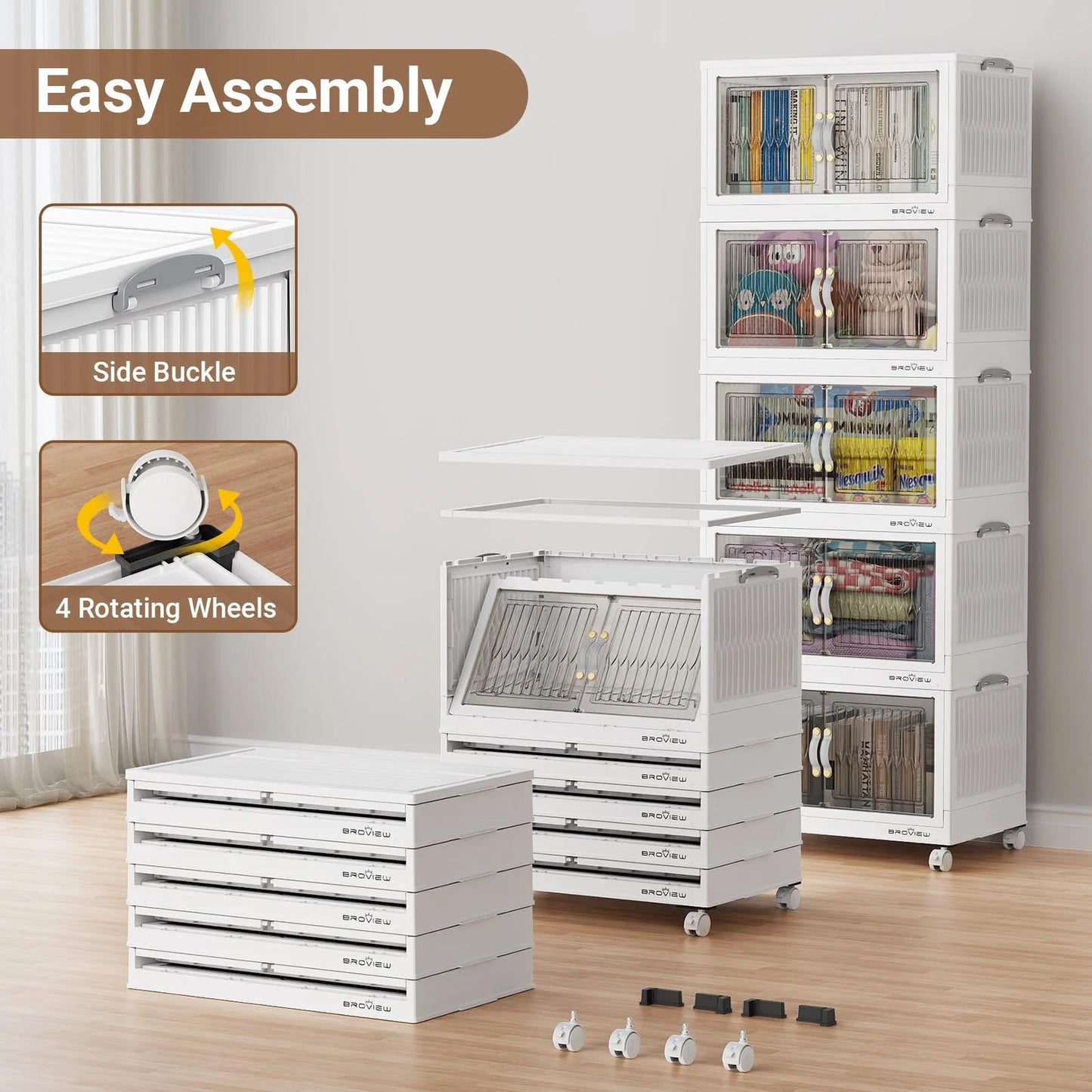 BROVIEW 150Gal Large Storage Bins with Lid, 600Qt Plastic Stackable Closet Organizer and Storage, Collapsible Storage Box with Wheels, Folding Storage Cabinet Containers for Home Office, 3Pack White