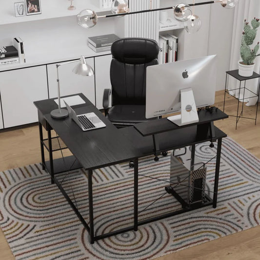 L Shaped Computer Desk with Storage Shelves, Hook and Monitor Stand, Modern Reversible Corner Gaming Table Sturdy Writing Workstation Space Saving for Home Office, Black
