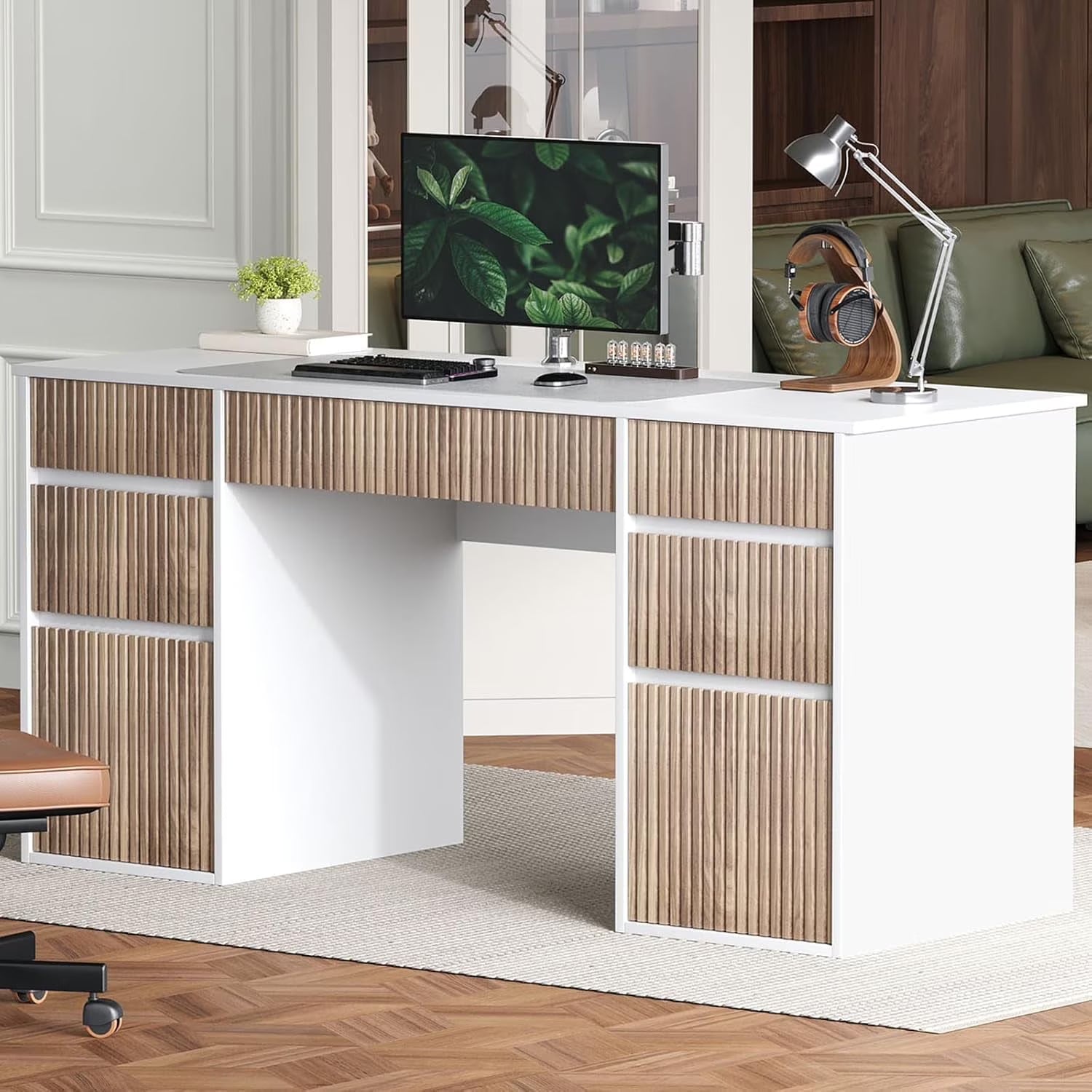 DreamCurship 58 Inch White Executive Desk, White Computer Desk with 7 Drawers, Home Office Desk for Work and Study, White and Walnut