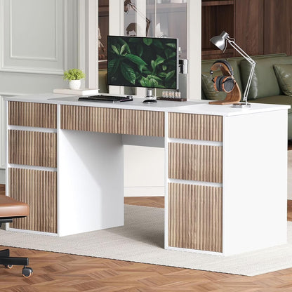 DreamCurship 58 Inch White Executive Desk, White Computer Desk with 7 Drawers, Home Office Desk for Work and Study, White and Walnut