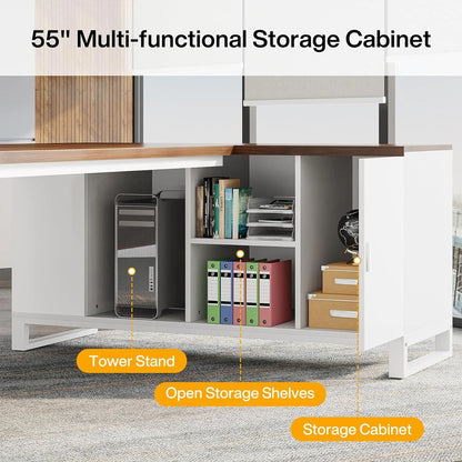 Tribesigns 70.8" L-Shaped Executive Desk with 55" File Cabinet, Modern L-Shaped Computer Desk with Storage Shelves and Cabinet for Home Office, Walnut White