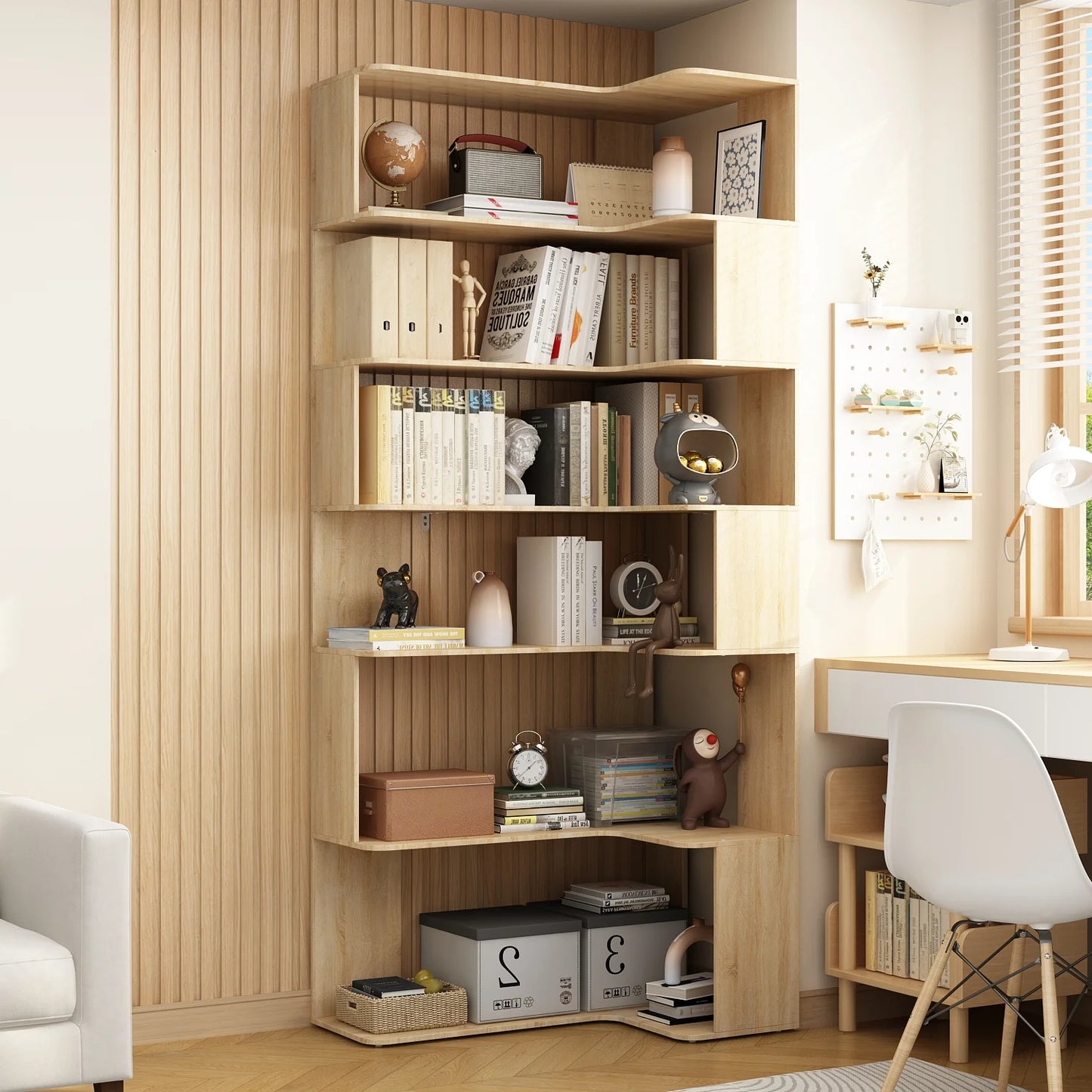 KULAGAGA 7-Tier Corner Bookcase Bookshelf, 81.9" Extra Tall Wall Corner Shelf with Storage, Modern Mid Century Floor Standing Plant Stand for Home Office, Living Room, Bedroom Natural Oak
