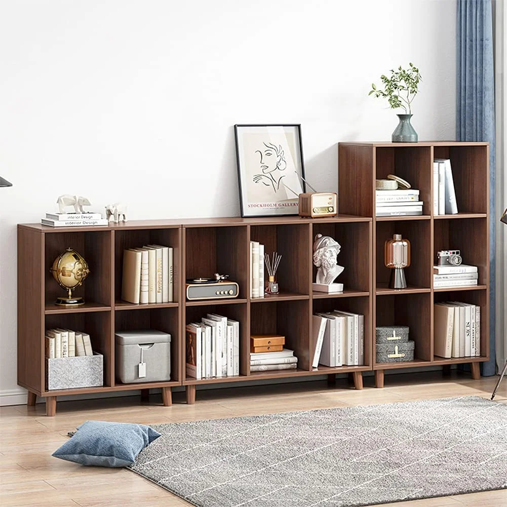Freestanding Open Cubes Bookcase - 2-Tier Floor Standing Wooden Storage Display Cabinet Organizer with Legs for Home Office, 4-Cubes Open Shelf Low Short Bookshelf, Walnut