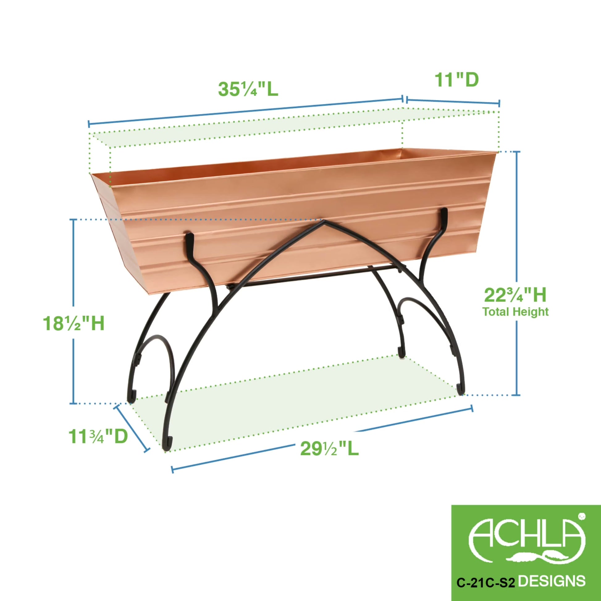 Achla Designs 35.25"L Rectangular Galvanized Steel Indoor Outdoor Large Flower Box w/Black Wrought Iron Bella Stand Copper Plated, Black Powdercoat