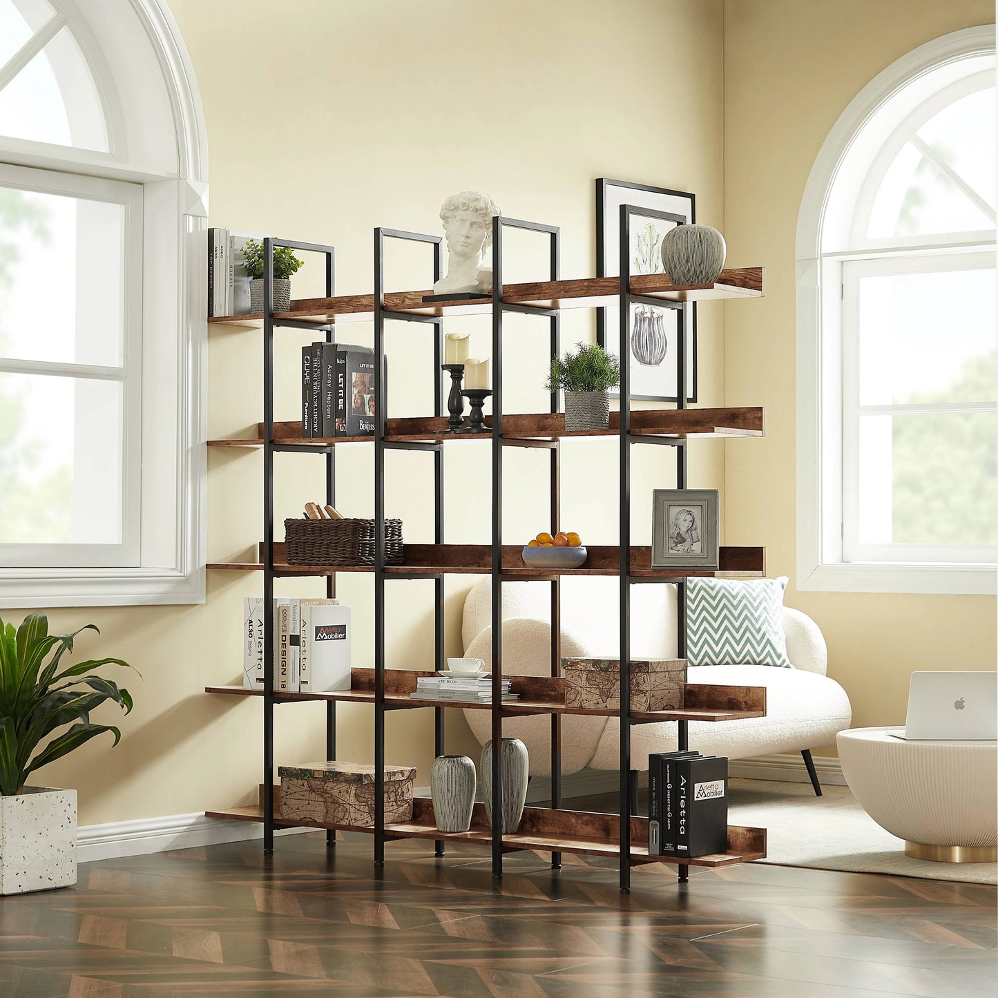 Bellemave 5 Tier Large Open Bookshelf, Home Office Display Shelves with Metal Frame, Vintage Industrial Bookcases with Back Fence, High-quality MDF Board (Brown)